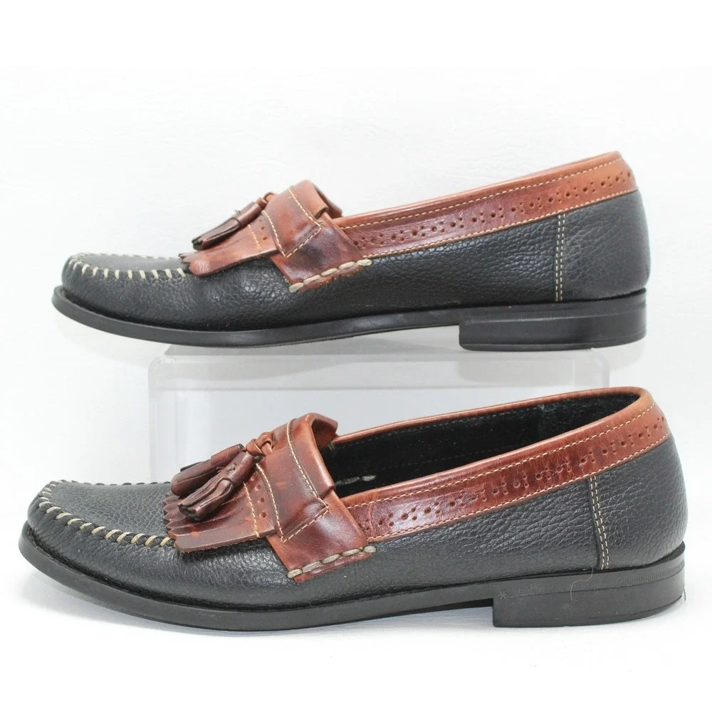 GH Bass Weejuns Mens 10D Black Brown Pebbled Leather Tassel Kiltie Loafers‎ 0035